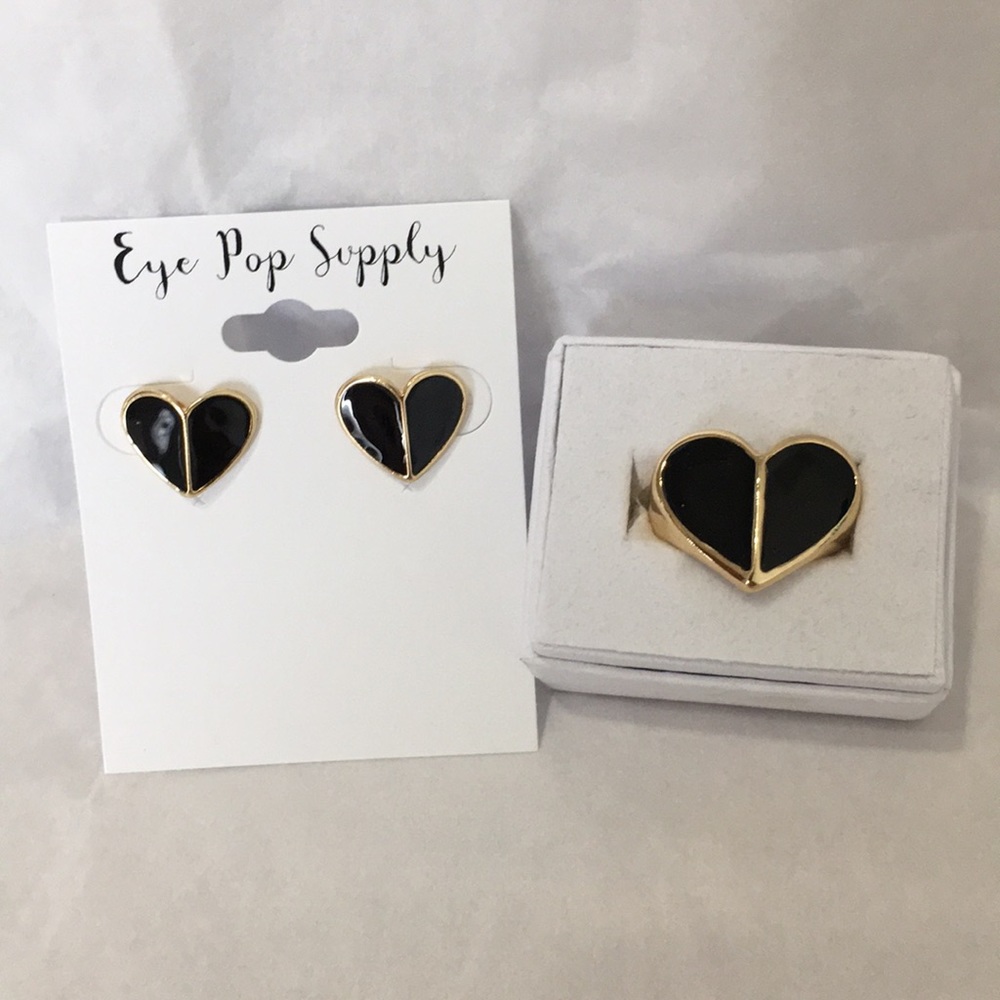 Gorgeous black enamel heart ring and earring set